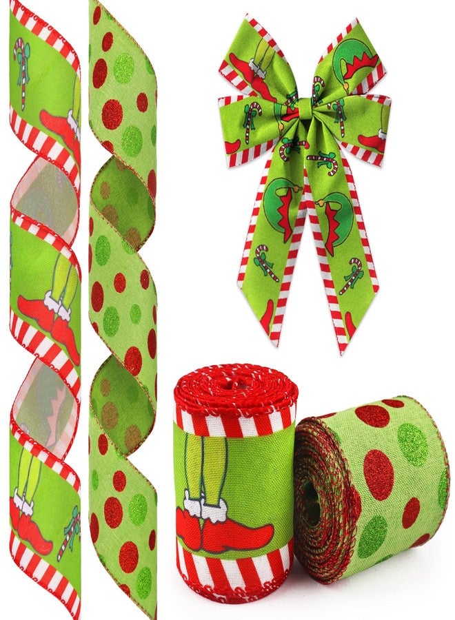 Glodecart 2 Rolls Christmas Ribbon for Wreath Bow Wrapping Gifts, Green Dots Monster Ribbon for Gift Wrapping Party Supplies Decoration DIY Crafts 2.5" X 10 Yard Wired Winter Christmas Wreath Ribbon - Image 1